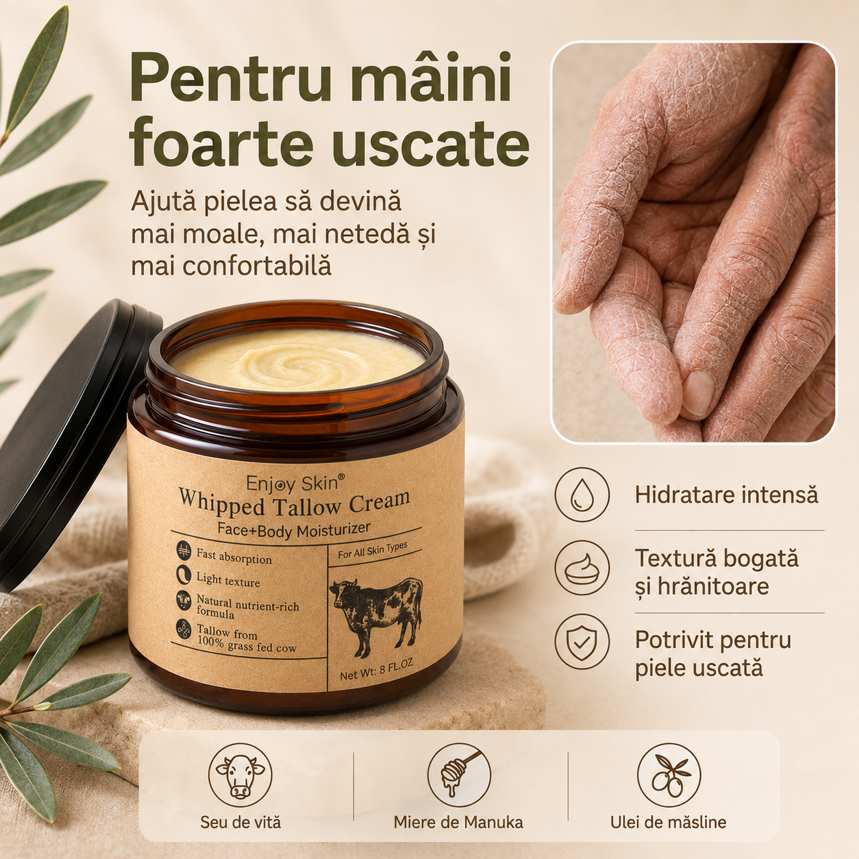 Cremă Hidratantă Intensivă cu Seu de Vită și Miere de Manuka